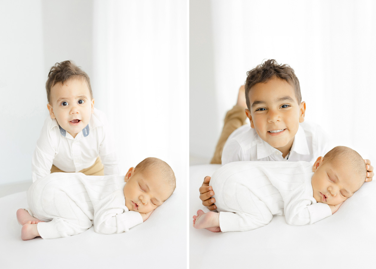 Sweet sibling portraits featuring newborn baby sleeping peacefully with his two big brothers smiling beside him.