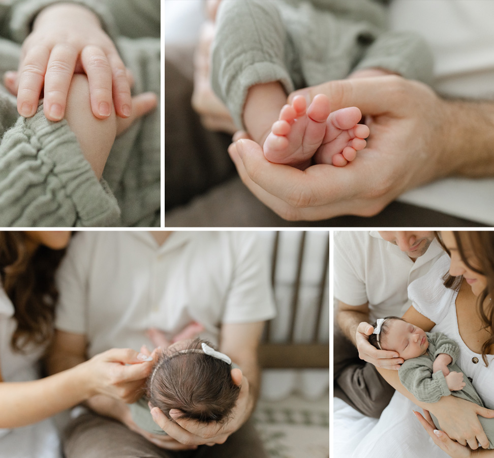 Collage of close-up newborn details, including tiny hands and feet held by her parents, alongside tender moments of mom and dad cradling their sleeping baby girl.