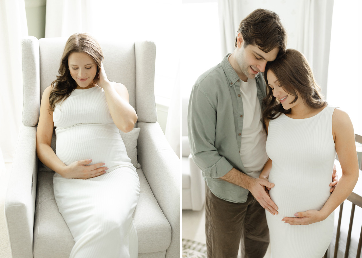 Expecting mother in a white dress seated in the nursery and sharing a quiet moment with her husband during their in-home maternity session.