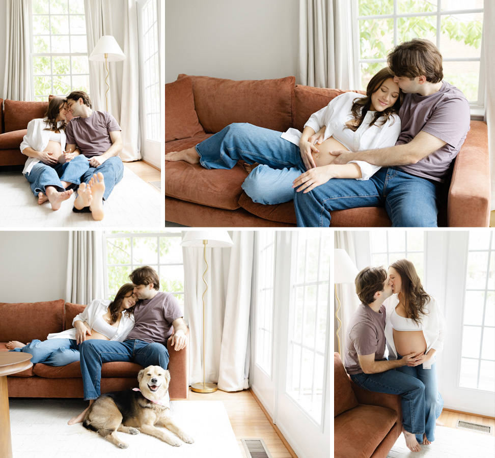 Expecting parents sharing relaxed moments together at home, including cradling the baby bump, cuddling on the couch, and including their dog in their maternity photos before welcoming their first baby.