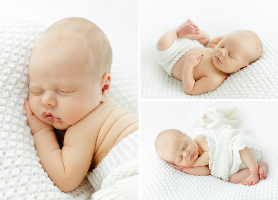 Three portraits of a sleeping newborn baby posed on a soft white textured blanket, wrapped in a neutral knit and lace covering.