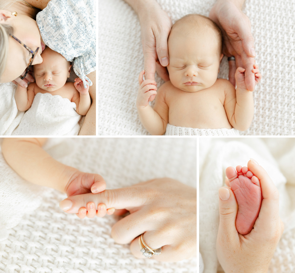Newborn detail collage showing a sleeping baby with mom and dad’s hands, tiny fingers, and newborn toes.