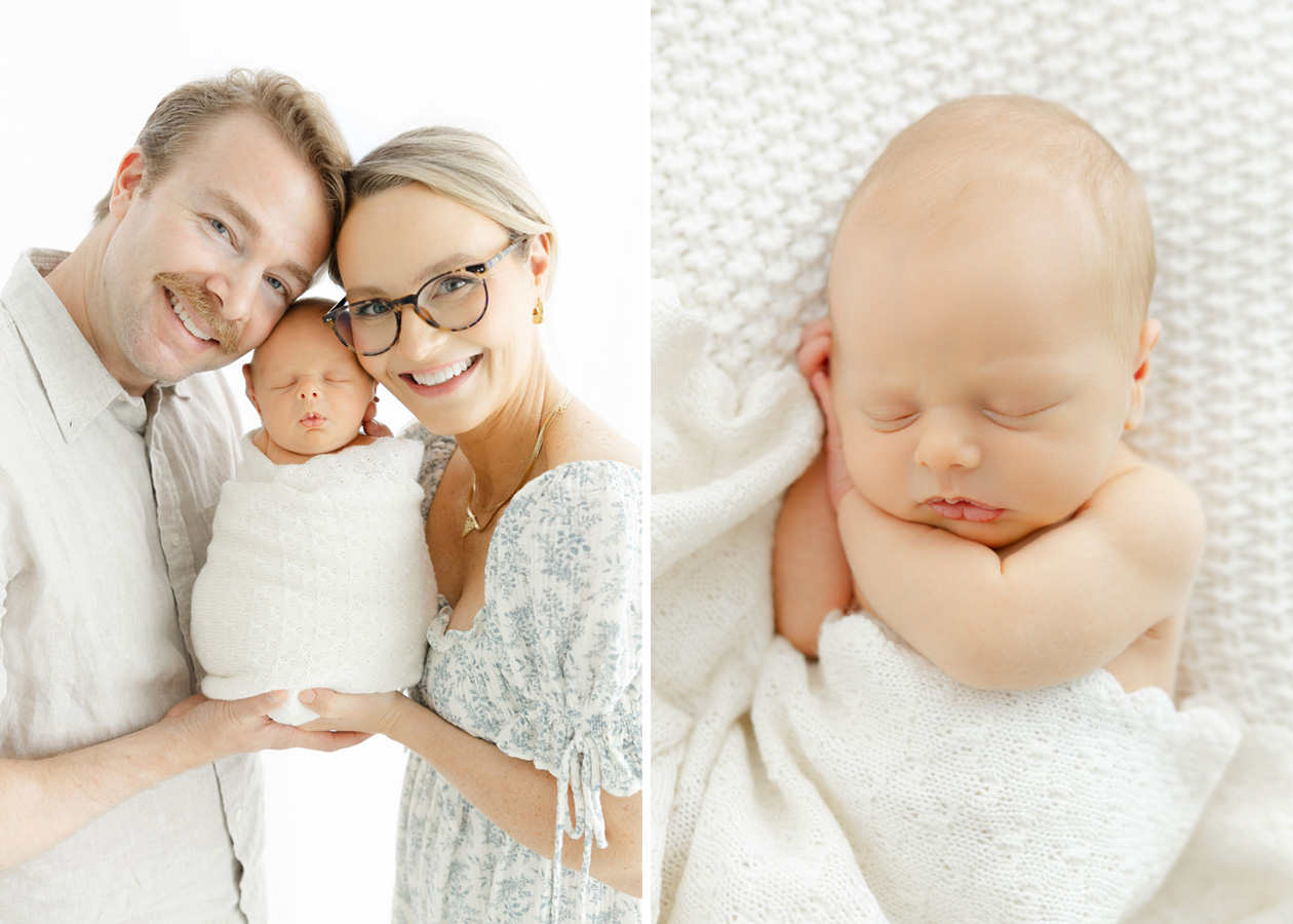 Newborn photo collage featuring mom and dad holding their sleeping baby alongside a close-up portrait of their newborn wrapped in white.