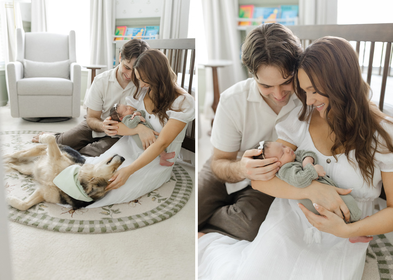 New parents cuddling their sleeping baby at home with the family dog nearby, a warm lifestyle example of newborn photos ideas Northern Virginia.