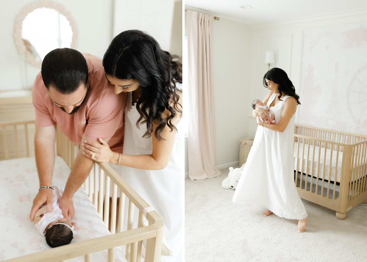 Northern Virginia newborn photography packages featuring parents caring for their baby in her nursery and a mother cradling her newborn beside the crib.