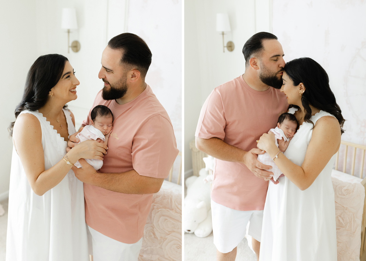 Two tender family portraits of parents holding their newborn baby girl in a softly lit nursery, showcasing newborn photography packages in Northern Virginia.