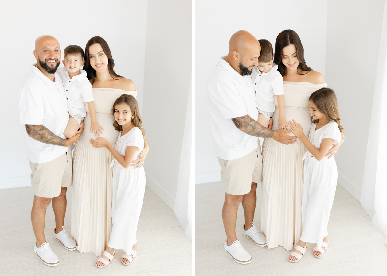 Two Northern Virginia maternity photos showing expecting parents with their son and daughter smiling and gently touching the baby bump.